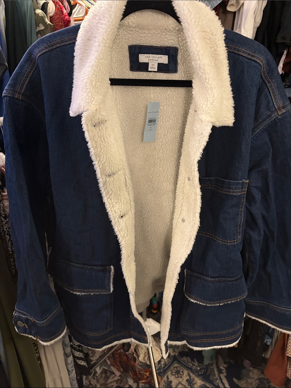 Ann Taylor Dark Blue Denim Jean Jacket with Cream Sherpa Lining